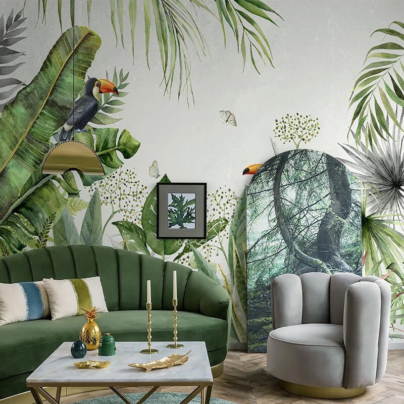 custom-mural-wallpaper-papier-peint-papel-de-parede-wall-decor-ideas-for-bedroom-living-room-dining-room-wallcovering-tropical-Plant-Banana-Leaf-rainforest-flowers-birds