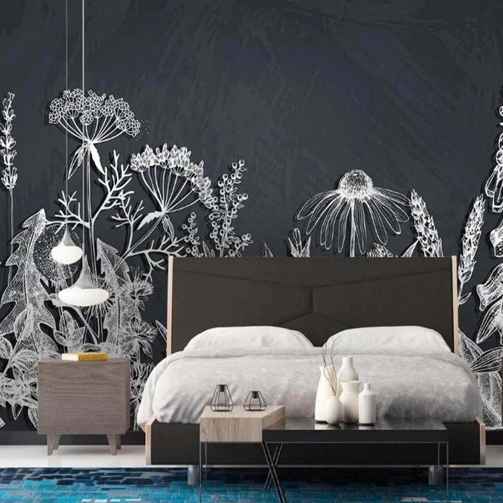 custom-mural-wallpaper-papier-peint-papel-de-parede-wall-decor-ideas-for-bedroom-living-room-dining-room-wallcovering-black-and-white-flowers-plants-nordic-style