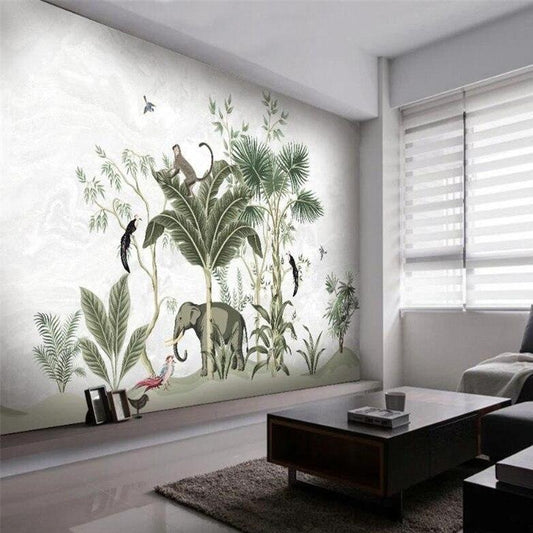 custom-wallpaper-mural-medieval-hand-painted-tropical-leaves-elephant-bird-tv-sofa-background-wall-papier-peint
