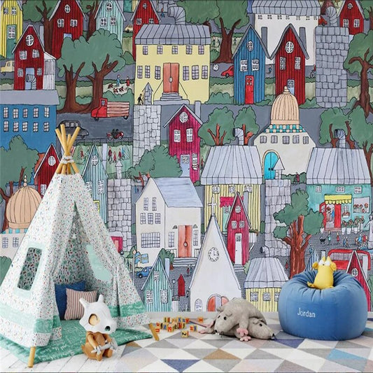 custom-wallpaper-mural-wall-covering-wall-decor-wall-decal-wall-sticker-nursery-decor-kids-room-children's-room-daycare-kindergarten-ideas-cartoon-european-city-papier-peint