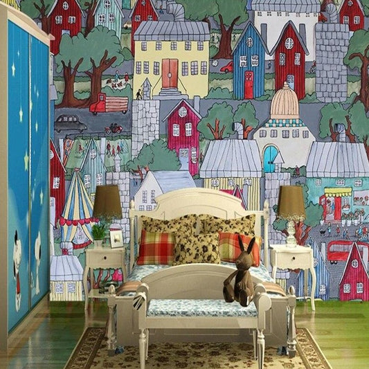 custom-wallpaper-mural-wall-covering-wall-decor-wall-decal-wall-sticker-nursery-decor-kids-room-children's-room-daycare-kindergarten-ideas-cartoon-european-city-papier-peint