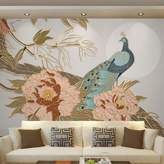 custom-mural-wallpaper-papier-peint-papel-de-parede-wall-decor-ideas-for-bedroom-living-room-dining-room-wallcovering-Chinese-Style-3D-Peony-Flowers-Peacock-Golden-Relief-Lines