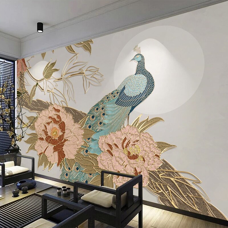 custom-mural-wallpaper-papier-peint-papel-de-parede-wall-decor-ideas-for-bedroom-living-room-dining-room-wallcovering-Chinese-Style-3D-Peony-Flowers-Peacock-Golden-Relief-Lines