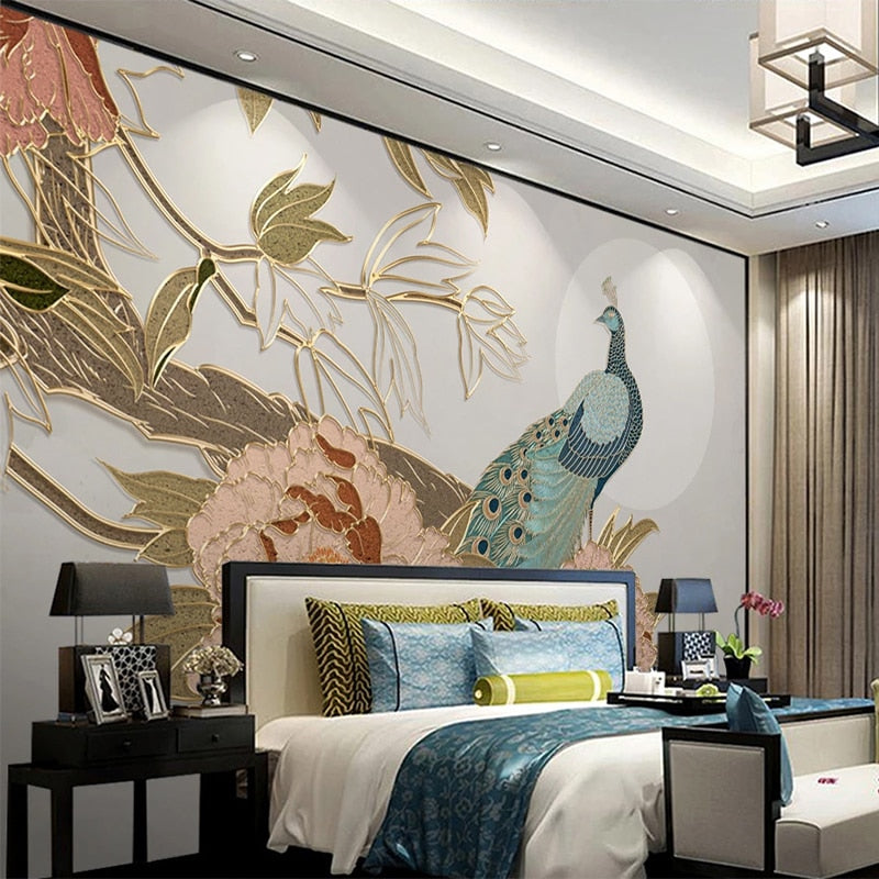 custom-mural-wallpaper-papier-peint-papel-de-parede-wall-decor-ideas-for-bedroom-living-room-dining-room-wallcovering-Chinese-Style-3D-Peony-Flowers-Peacock-Golden-Relief-Lines