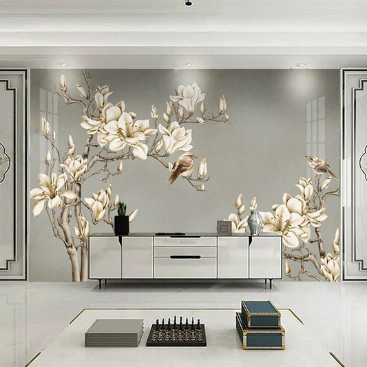 Custom Chinese-Style Flowers and Birds Wallpaper Mural – Elegant Hand-Painted Peel & Stick Wall Decor for Living Room or Bedroom