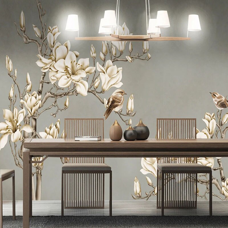 Custom Chinese-Style Flowers and Birds Wallpaper Mural – Elegant Hand-Painted Peel & Stick Wall Decor for Living Room or Bedroom
