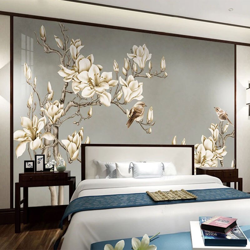 Custom Chinese-Style Flowers and Birds Wallpaper Mural – Elegant Hand-Painted Peel & Stick Wall Decor for Living Room or Bedroom