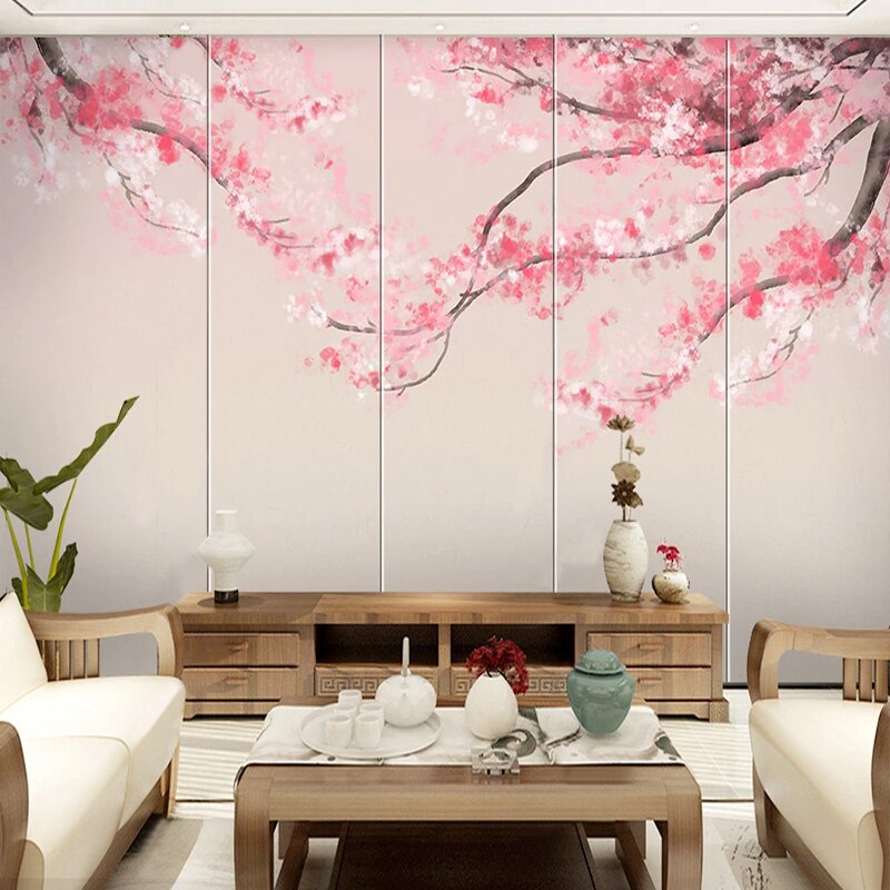 Custom Mural Wallpaper Chinese Watercolor Cherry Blossom BVM Home