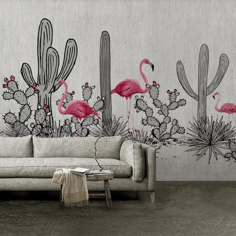custom-mural-wallpaper-papier-peint-papel-de-parede-wall-decor-ideas-for-bedroom-living-room-dining-room-wallcovering-Hand-Painted-Nordic-Flamingo-Cactus-pink