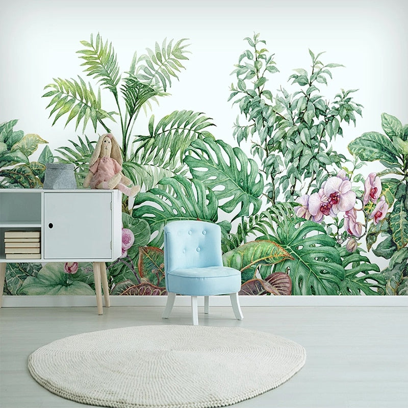 custom-mural-wallpaper-papier-peint-papel-de-parede-wall-decor-ideas-for-bedroom-living-room-dining-room-wallcovering-3D-Hand-Painted-Green-Plant-Leaves-Flowers-Banana-Leaf