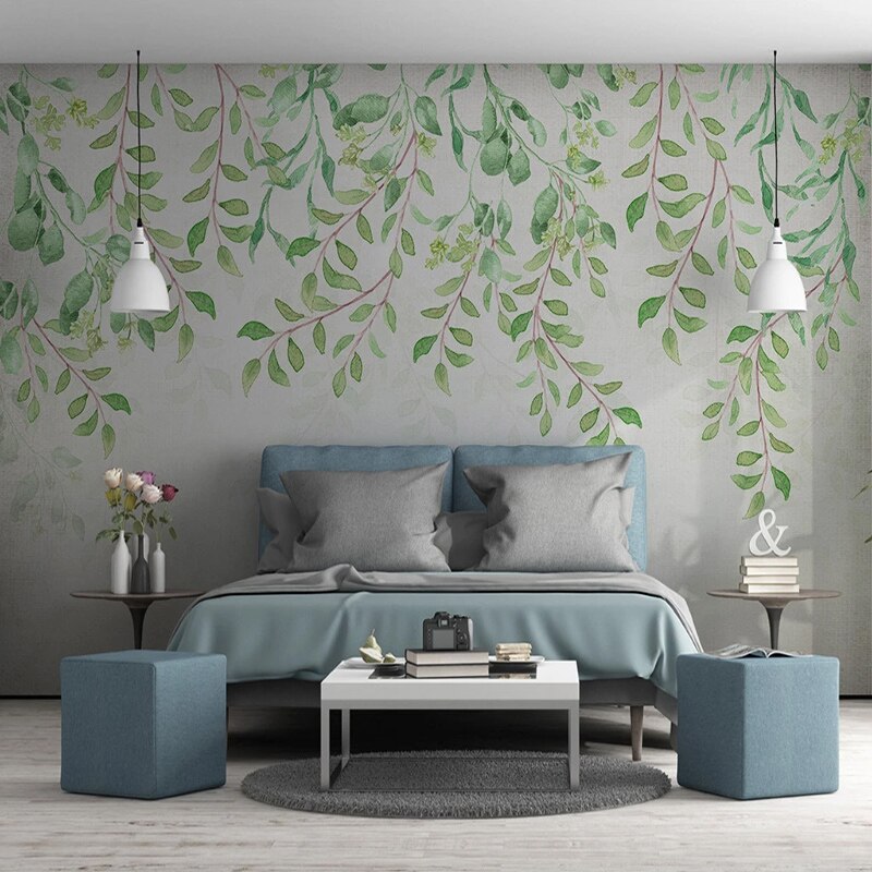 custom-mural-wallpaper-papier-peint-papel-de-parede-wall-decor-ideas-for-bedroom-living-room-dining-room-wallcovering-Hand-Painted-watercolor-pastoral-Green-Leaves