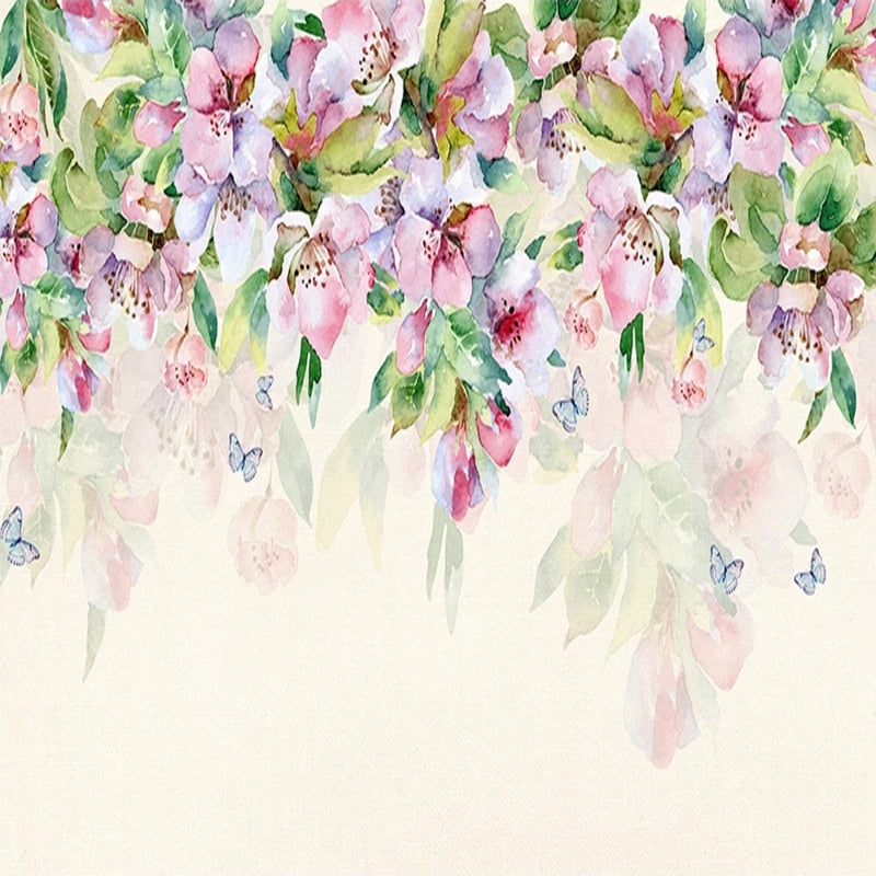 custom-mural-hand-painted-romantic-watercolor-pink-flower-green-leaf-photo-wall-papers-home-decor-living-room-bedroom-wallpaper-floral-papier-peint