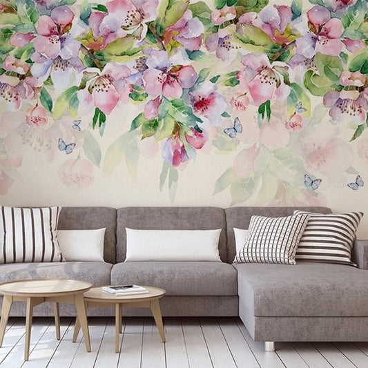 custom-mural-hand-painted-romantic-watercolor-pink-flower-green-leaf-photo-wall-papers-home-decor-living-room-bedroom-wallpaper-floral-papier-peint