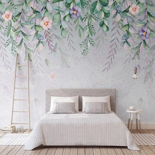 custom-mural-wallpaper-papier-peint-papel-de-parede-wall-decor-ideas-for-bedroom-living-room-dining-room-wallcovering-floral-Hand-painted-Watercolor-Leaves-and-Flowers