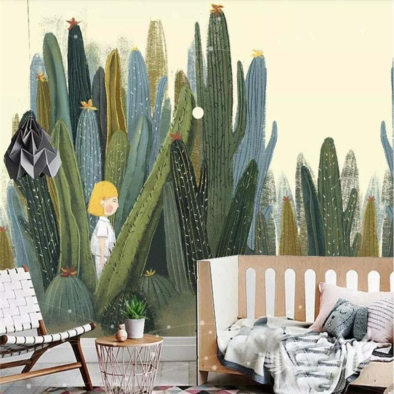custom-wallpaper-mural-wall-covering-wall-decor-wall-decal-wall-sticker-nursery-decor-kids-room-children's-room-daycare-kindergarten-ideas-cartoon-cactus-girl-papier-peint