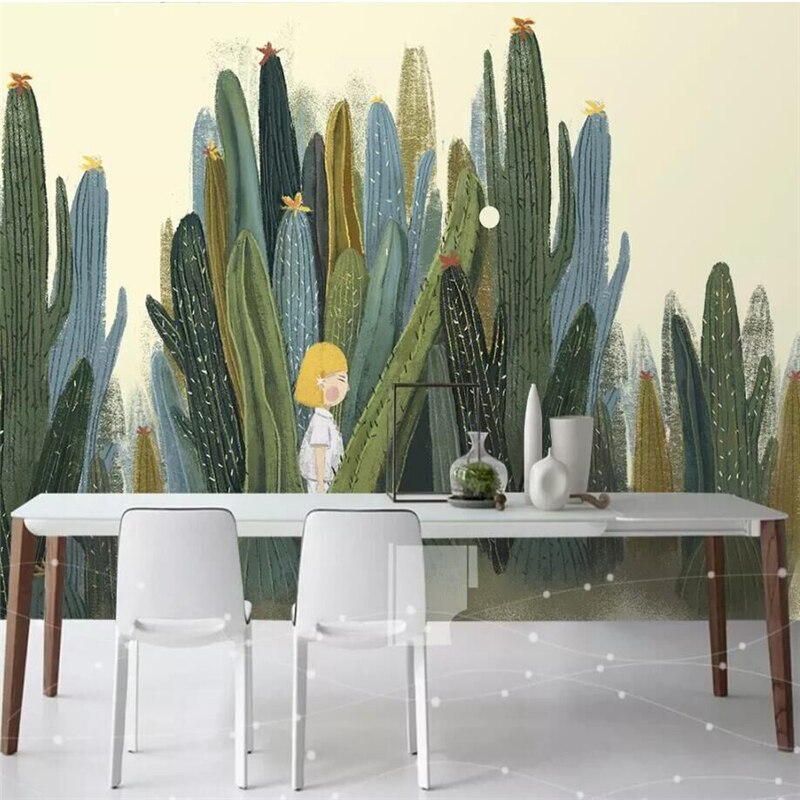 custom-wallpaper-mural-wall-covering-wall-decor-wall-decal-wall-sticker-nursery-decor-kids-room-children's-room-daycare-kindergarten-ideas-cartoon-cactus-girl-papier-peint