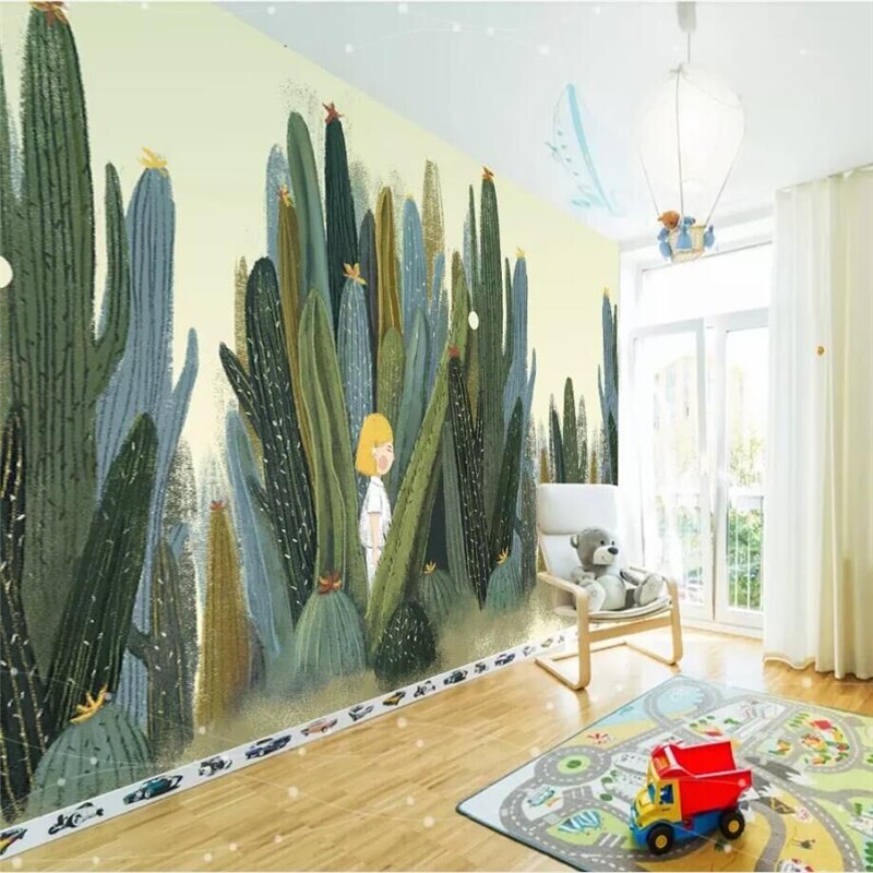 custom-wallpaper-mural-wall-covering-wall-decor-wall-decal-wall-sticker-nursery-decor-kids-room-children's-room-daycare-kindergarten-ideas-cartoon-cactus-girl-papier-peint