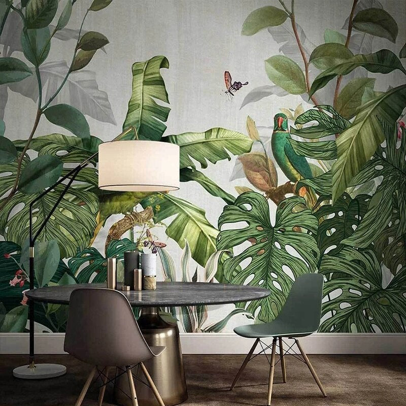custom-mural-wallpaper-papier-peint-papel-de-parede-wall-decor-ideas-for-bedroom-living-room-dining-room-wallcovering-Nordic-hand-painted-Tropical-Rainforest-Southeast-Asia-jungle-Plants