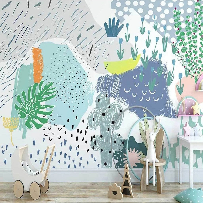 custom-mural-wallpaper-papier-peint-papel-de-parede-wall-decor-ideas-for-bedroom-living-room-dining-room-wallcovering-Nordic-Fresh-Plants-Abstract-Color-Geometric-kids-room
