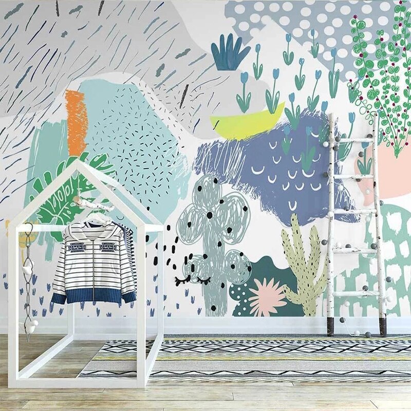 custom-mural-wallpaper-papier-peint-papel-de-parede-wall-decor-ideas-for-bedroom-living-room-dining-room-wallcovering-Nordic-Fresh-Plants-Abstract-Color-Geometric-kids-room
