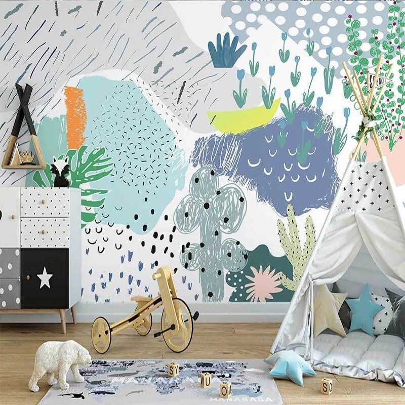 custom-mural-wallpaper-papier-peint-papel-de-parede-wall-decor-ideas-for-bedroom-living-room-dining-room-wallcovering-Nordic-Fresh-Plants-Abstract-Color-Geometric-kids-room