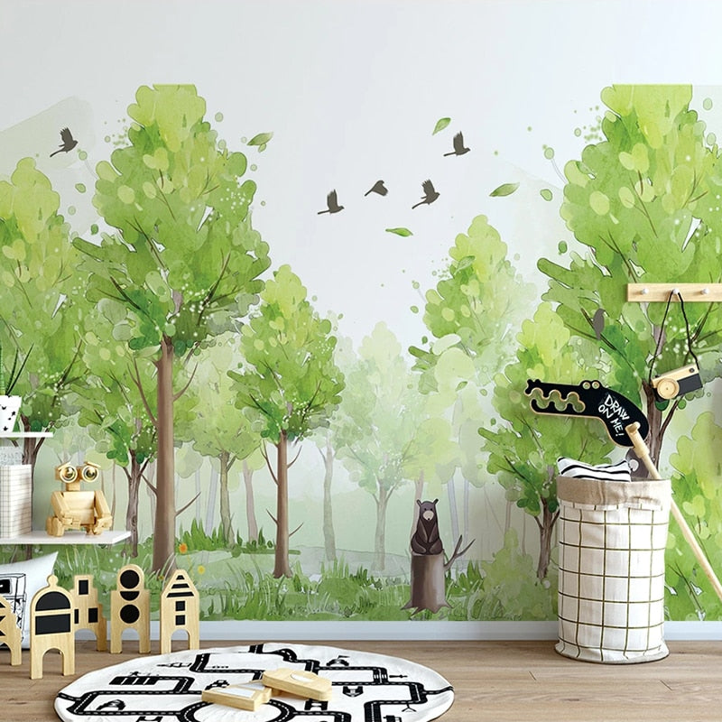 custom-photo-wallpaper-mural-3d-hand-painted-forest-green-tree-bird-kindergarten-children-room-bedroom-home-decor-papier-peint