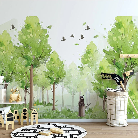 custom-photo-wallpaper-mural-3d-hand-painted-forest-green-tree-bird-kindergarten-children-room-bedroom-home-decor-papier-peint