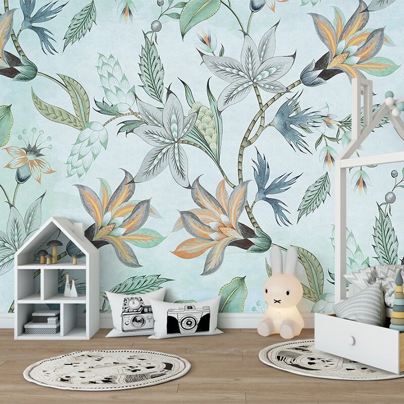 Custom Mural Wallpaper Pastoral Leaves Flowers | BVM Home