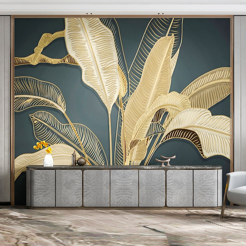 Custom Mural Wallpaper Retro Golden Banana Leaf Wall Decor | BVM Home