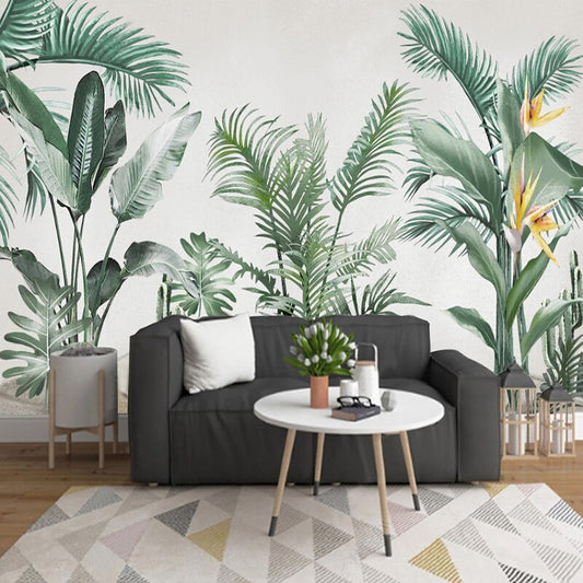 custom-mural-wallpaper-papier-peint-papel-de-parede-wall-decor-ideas-for-bedroom-living-room-dining-room-wallcovering-Hand-Painted-Tropical-Rainforest-Plant-Leaves-banana-leaves-palm-leaves