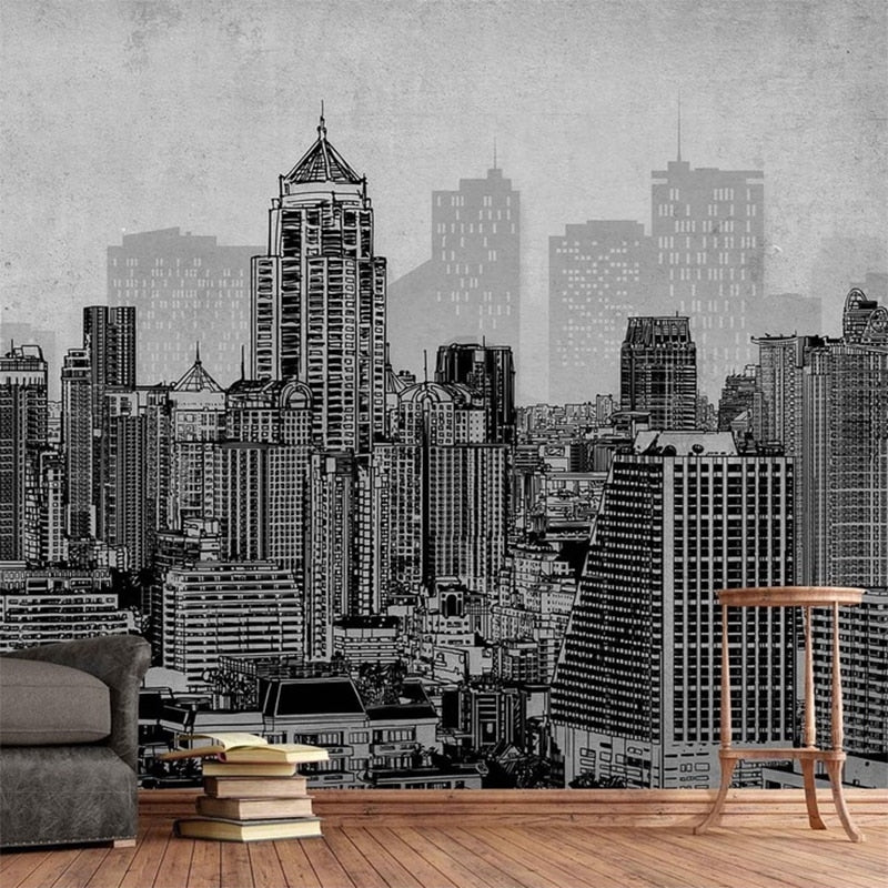 custom-mural-wallpaper-papier-peint-papel-de-parede-wall-decor-ideas-for-bedroom-living-room-dining-room-wallcovering-European-Retro-Abstract-Urban-Art-black-and-white