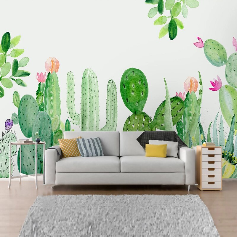 custom-mural-wallpaper-papier-peint-papel-de-parede-wall-decor-ideas-for-wallcovering-Self-Adhesive-Modern-Hand-Painted-Cactus-Tropical-Plant