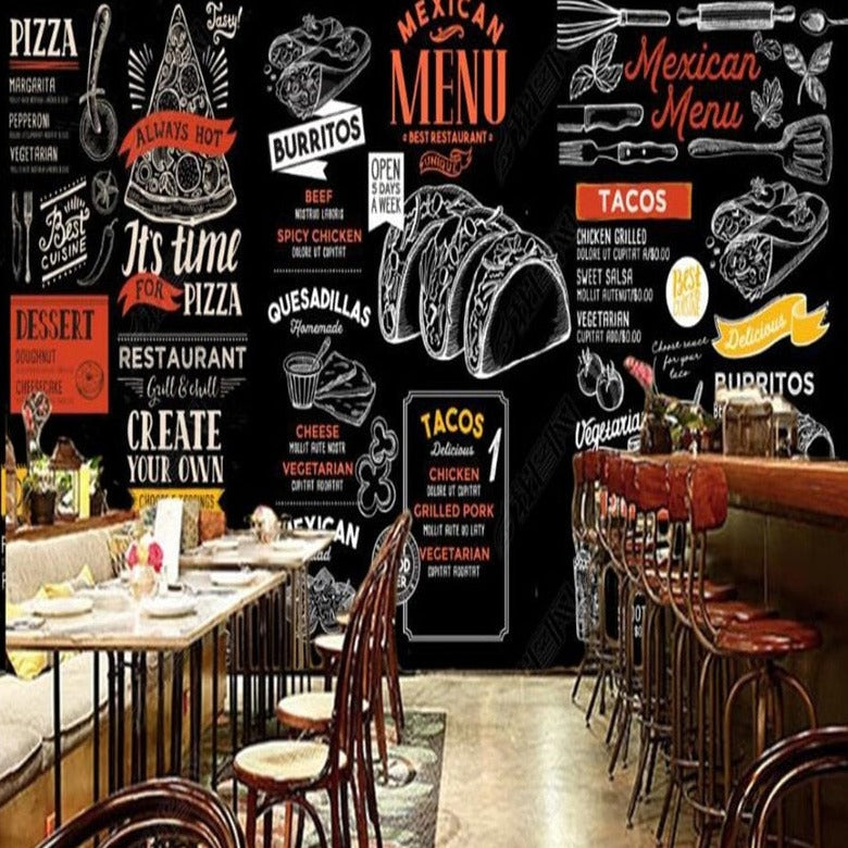 custom-mural-wallpaper-papier-peint-papel-de-parede-wall-decor-ideas-for-bedroom-living-room-dining-room-wallcovering-mexican-food-tacos-restaurant-snack-bar-industrial Decor