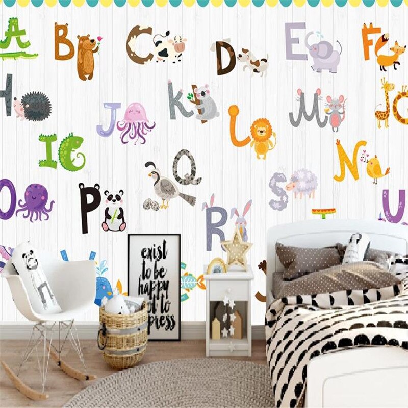 custom-wallpaper-mural-wall-covering-wall-decor-wall-decal-wall-sticker-nursery-decor-kids-room-children's-room-daycare-kindergarten-ideas-cartoon-animals-english-alphabet-papier-peint