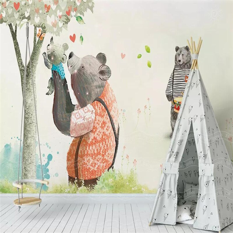 custom-wallpaper-mural-wall-covering-wall-decor-wall-decal-wall-sticker-nursery-decor-kids-room-children's-room-daycare-kindergarten-ideas-cartoon-bear-animals-papier-peint