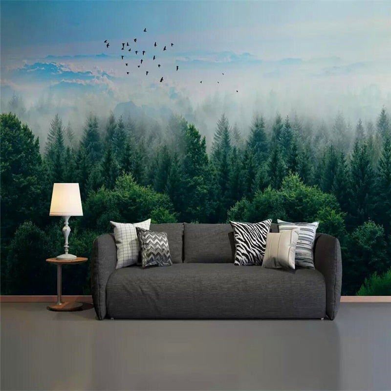 decorative-wallpaper-nordic-minimalist-style-mist-forest-remote-mountain-birds-background-wall-mural-modern-wallcovering