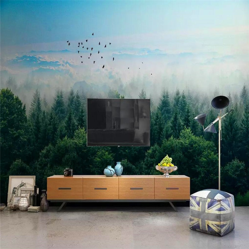 decorative-wallpaper-nordic-minimalist-style-mist-forest-remote-mountain-birds-background-wall-mural-modern-wallcovering