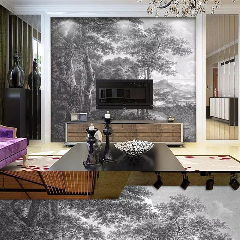 custom-size-wall-mural-3d-wallcovering-decorative-wallpaper-black-and-white-trees-forest-scene-background-wall-painting-hand-painted-black-and-white-wood-forest