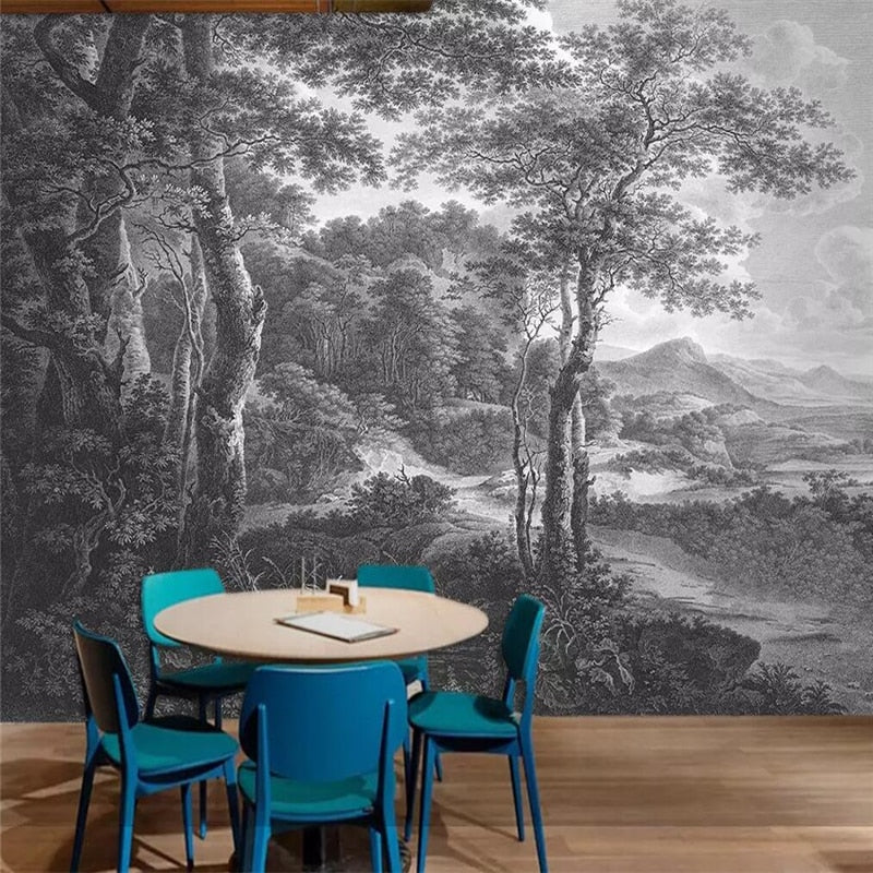 custom-size-wall-mural-3d-wallcovering-decorative-wallpaper-black-and-white-trees-forest-scene-background-wall-painting-hand-painted-black-and-white-wood-forest