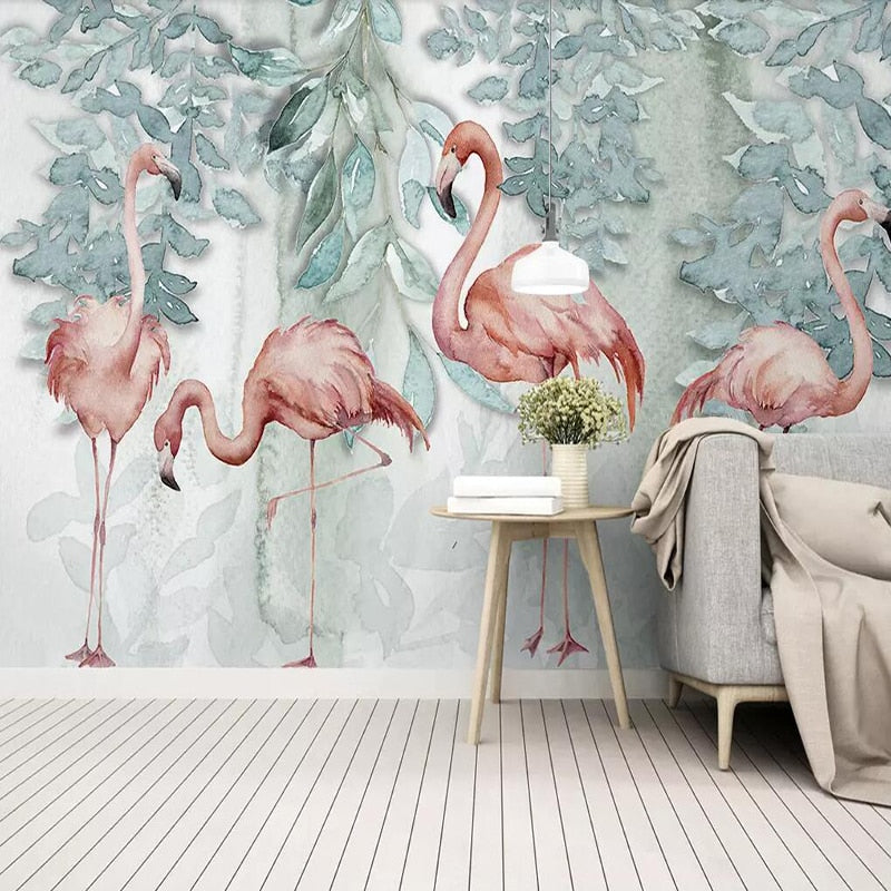 custom-size-wall-mural-decorative-wallpaper-original-northern-europe-simple-small-fresh-leaf-flamingo-rural-brick-wall-background-wall