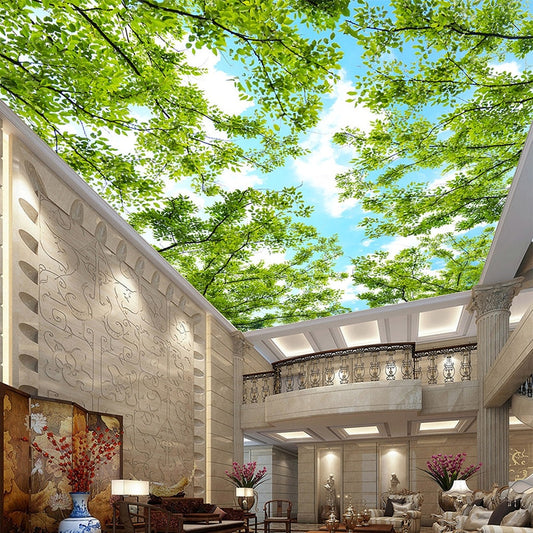 forest-themed-ceiling-fresco-blue-sky-white-clouds-green-tree-leaves-3d-photo-wallpaper-bedroom-room-ceiling-wallpaper-murals