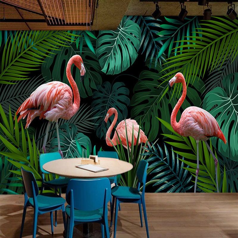 hand-painted-abstract-red-bird-green-tropical-rain-forest-banana-leaves-large-murals-custom-photo-wallpaper-decor-wall-painting