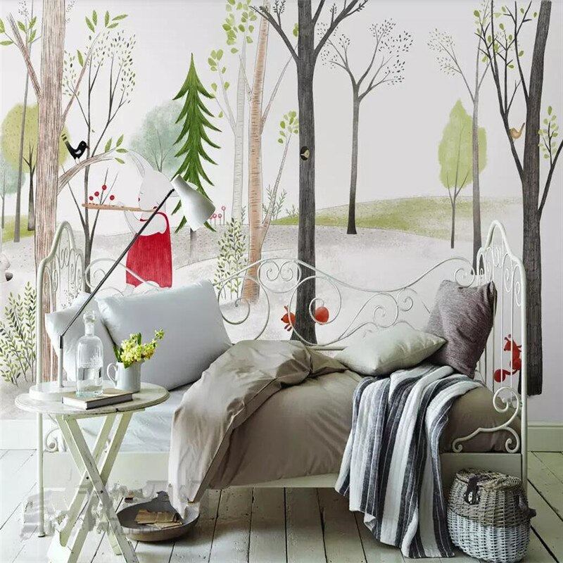 custom-wallpaper-mural-wall-covering-wall-decor-wall-decal-wall-sticker-nursery-decor-kids-room-children's-room-daycare-kindergarten-ideas-cartoon-woods-animals-papier-peint
