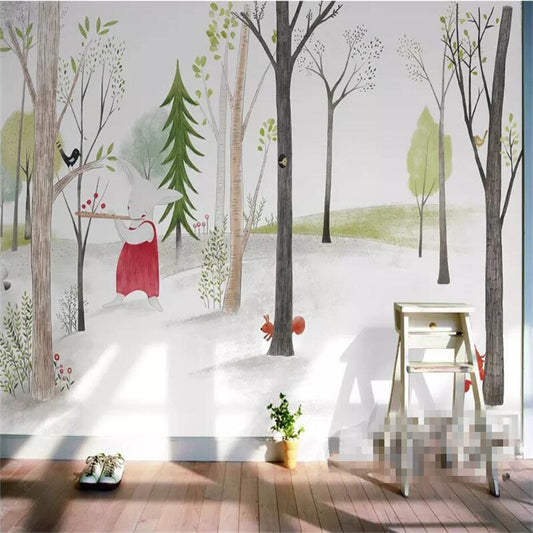 custom-wallpaper-mural-wall-covering-wall-decor-wall-decal-wall-sticker-nursery-decor-kids-room-children's-room-daycare-kindergarten-ideas-cartoon-woods-animals-papier-peint