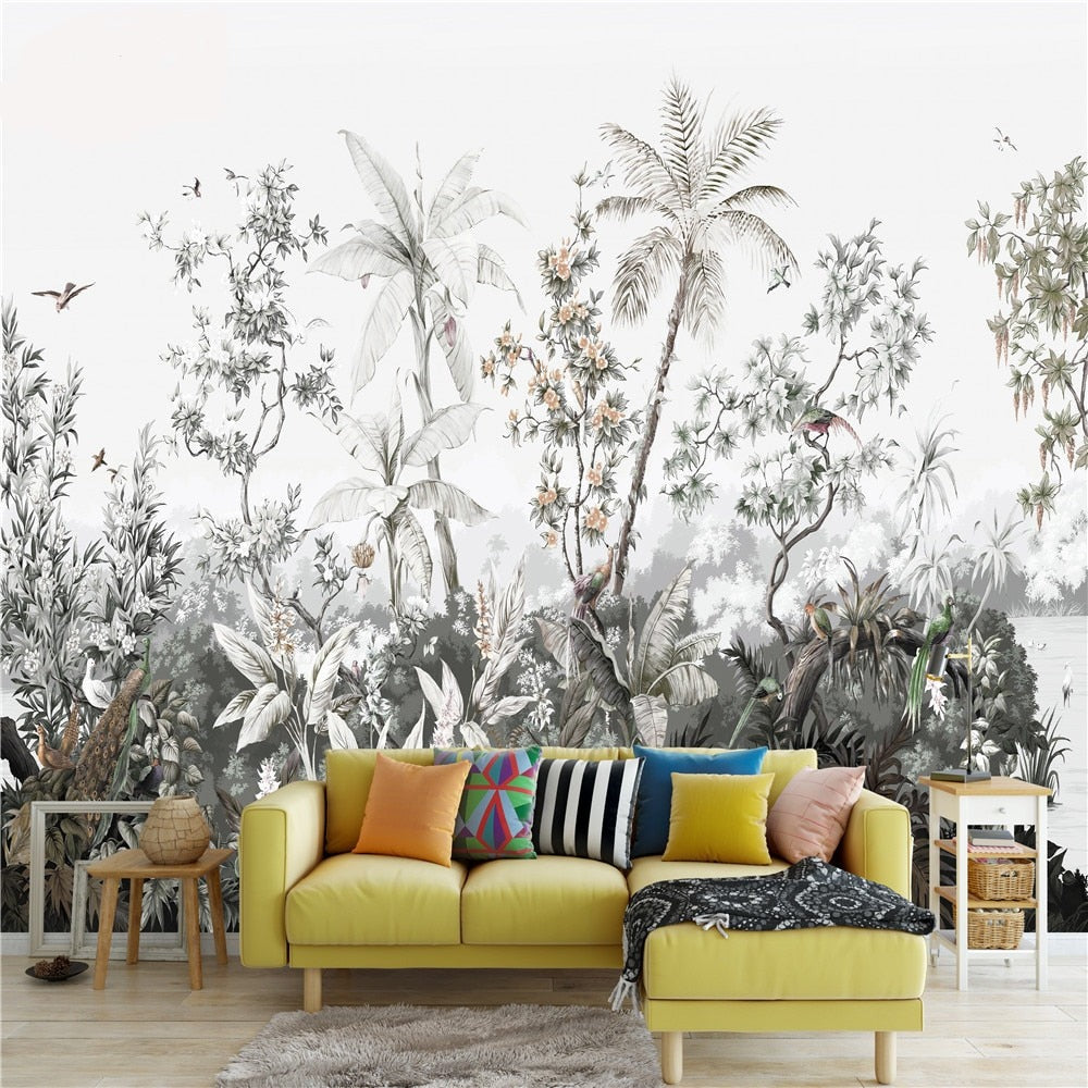 custom-mural-wallpaper-papier-peint-papel-de-parede-wall-decor-ideas-for-bedroom-living-room-dining-room-wallcovering-hand-painted-medieval-tropical-rainforest-plant-coconut-tree