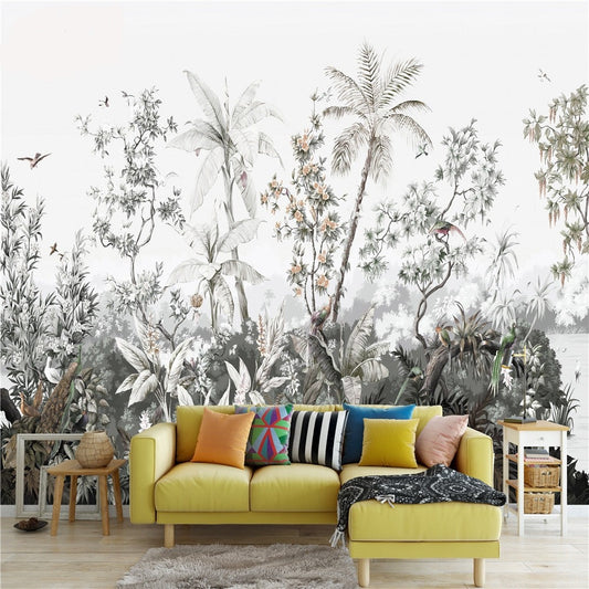 custom-mural-wallpaper-papier-peint-papel-de-parede-wall-decor-ideas-for-bedroom-living-room-dining-room-wallcovering-hand-painted-medieval-tropical-rainforest-plant-coconut-tree