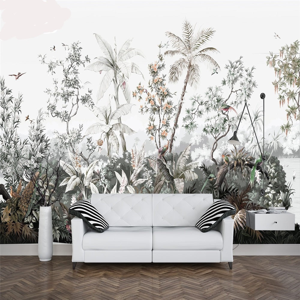 custom-mural-wallpaper-papier-peint-papel-de-parede-wall-decor-ideas-for-bedroom-living-room-dining-room-wallcovering-hand-painted-medieval-tropical-rainforest-plant-coconut-tree