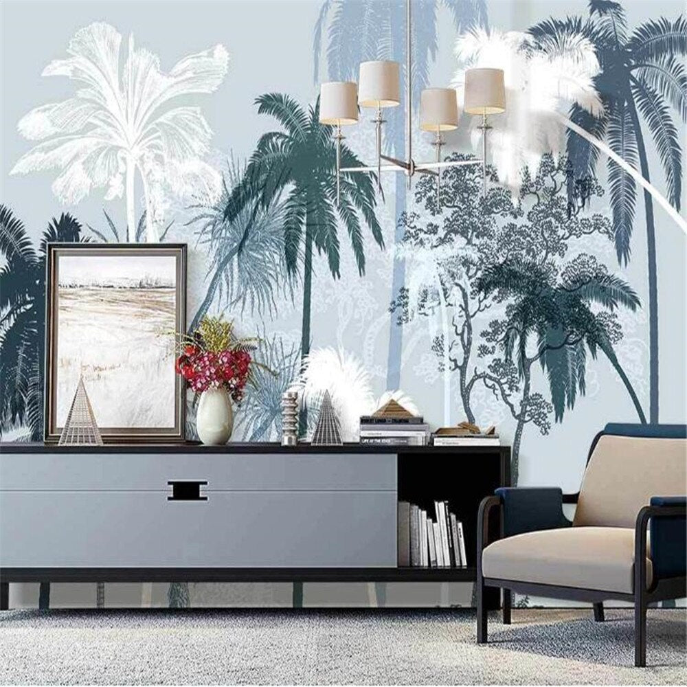 custom-3d-wallpaper-mural-nordic-hand-painted-tropical-plants-scrub-coconut-tree-indoor-elegant-background-wall-papier-peint