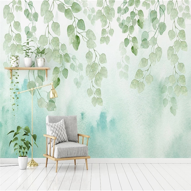 custom-mural-wallpaper-papier-peint-papel-de-parede-wall-decor-ideas-for-bedroom-living-room-dining-room-wallcovering-nordic-watercolor-green-leaf