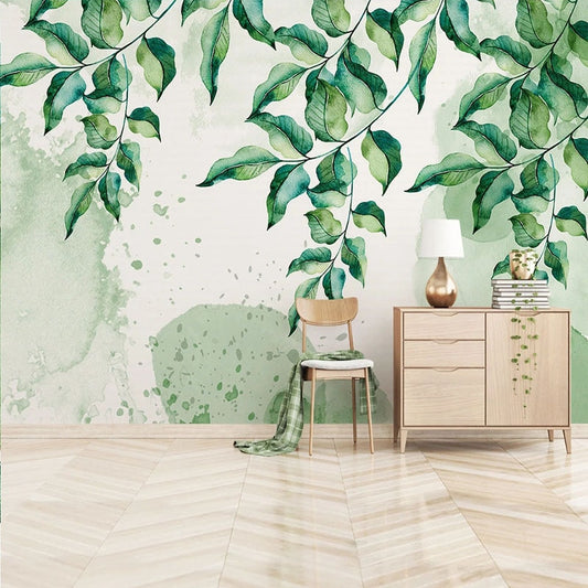 custom-mural-wallpaper-papier-peint-papel-de-parede-wall-decor-ideas-for-bedroom-living-room-dining-room-wallcovering-Modern-Simple-3D-Wallpaper-Hand-Painted-Watercolor-Green-Leaves